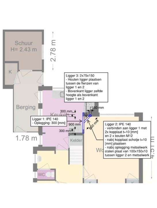 Architectural elevation drawing showing the front and rear facades of a three-story brick building with large windows, balconies, and detailed measurements in red.