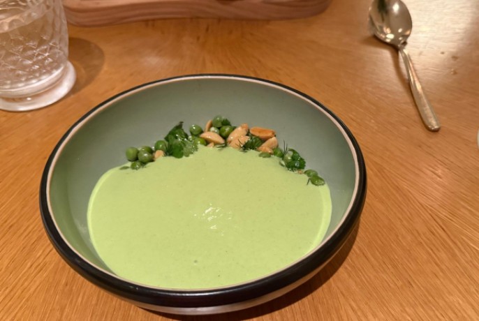 Chilled pea soup served at Florie’s restaurant, Four Seasons Palm Beach