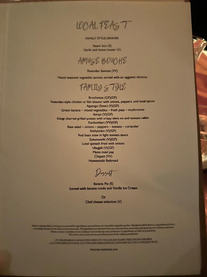 Sample dinner menu at One and Only Gorillas Mist.