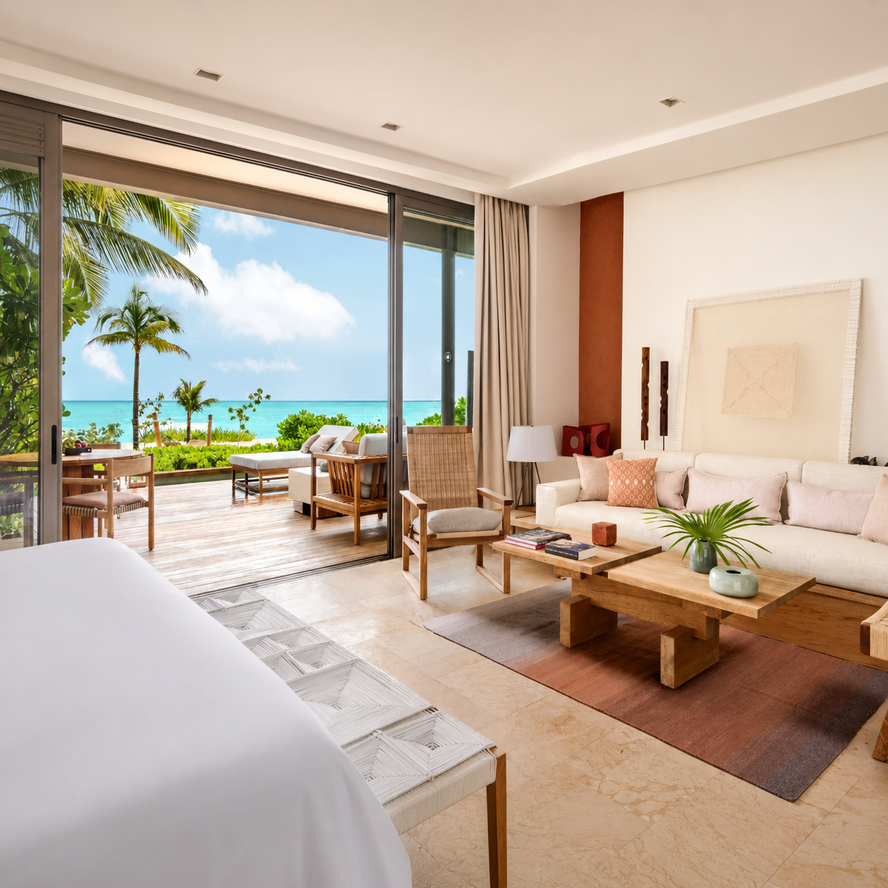 Ocean view suite at a Rosewood resort with Rosewood Elite benefits, terrace and indoor-outdoor living space