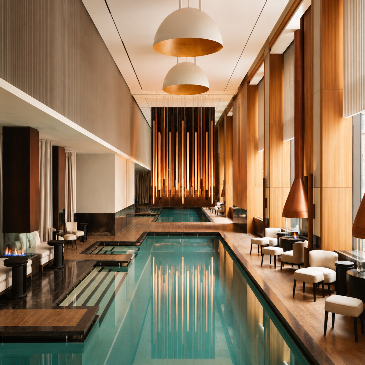 Aman New York spa pool with warm wood interiors and indoor wellness area