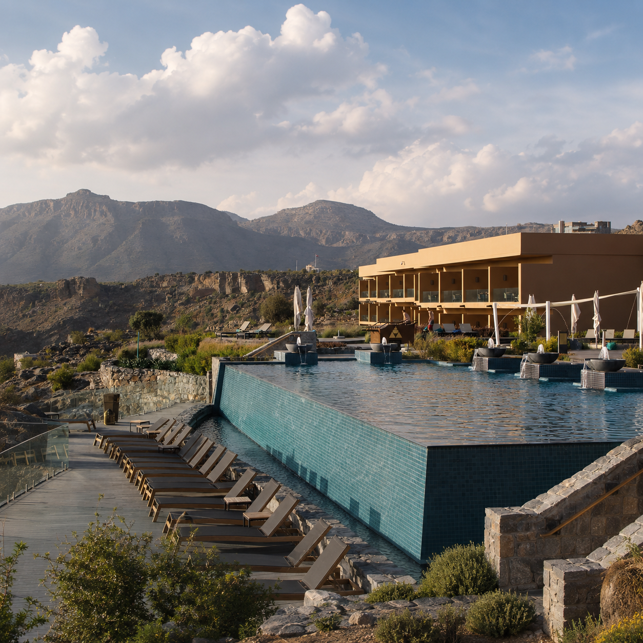 Infinity pool at Anantara Al Jabal Al Akhdar Resort in Oman with mountain views