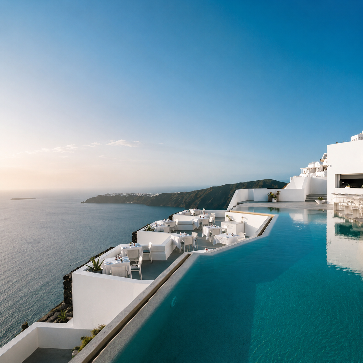 Infinity pool and sea view terrace at Grace Hotel Santorini, an Auberge Resorts Collection property.