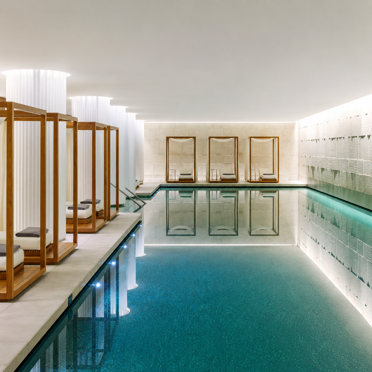 Indoor spa pool with cabanas at a Bvlgari Hotel, showing luxury wellness facilities available when booking Bvlgari Hotels with Clements Travel.