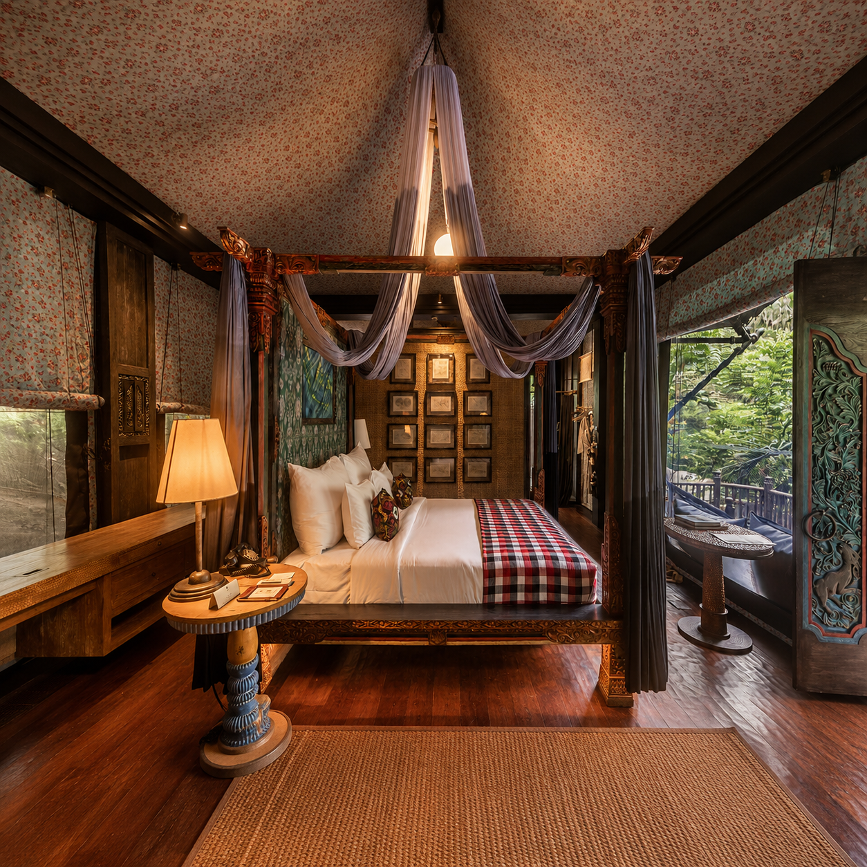 Interior of a Capella Ubud tented suite bedroom with carved wooden bed, canopy drapes and jungle-view terrace.