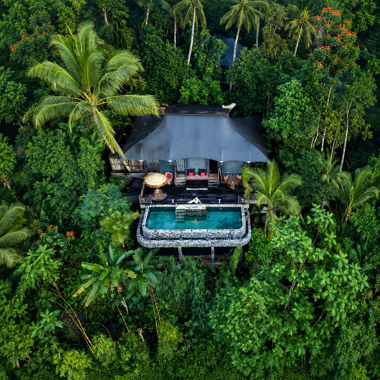 Aerial view of a private pool villa surrounded by tropical jungle at Capella Ubud.