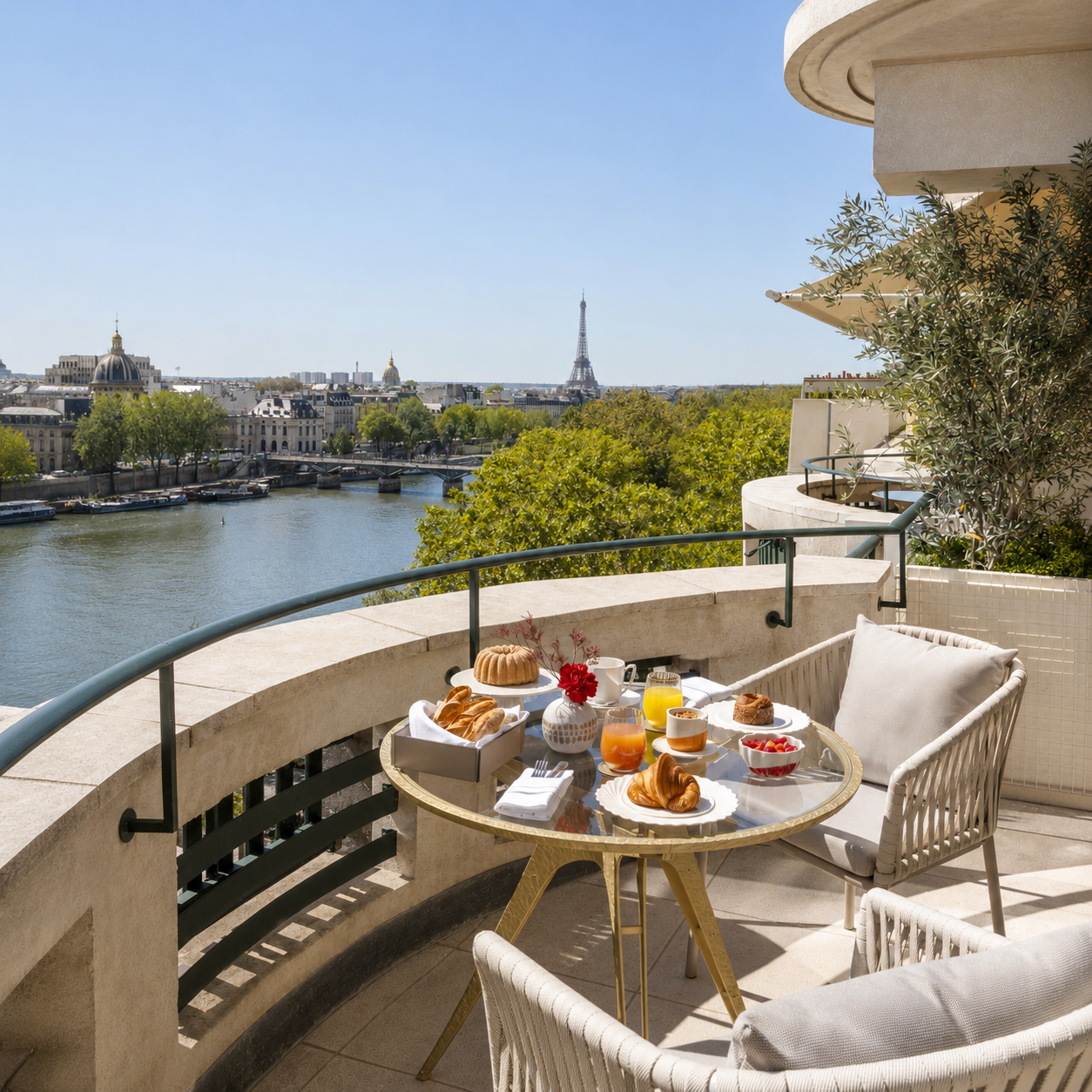 Breakfast on a private balcony at Cheval Blanc Paris with views over the Seine and Eiffel Tower.