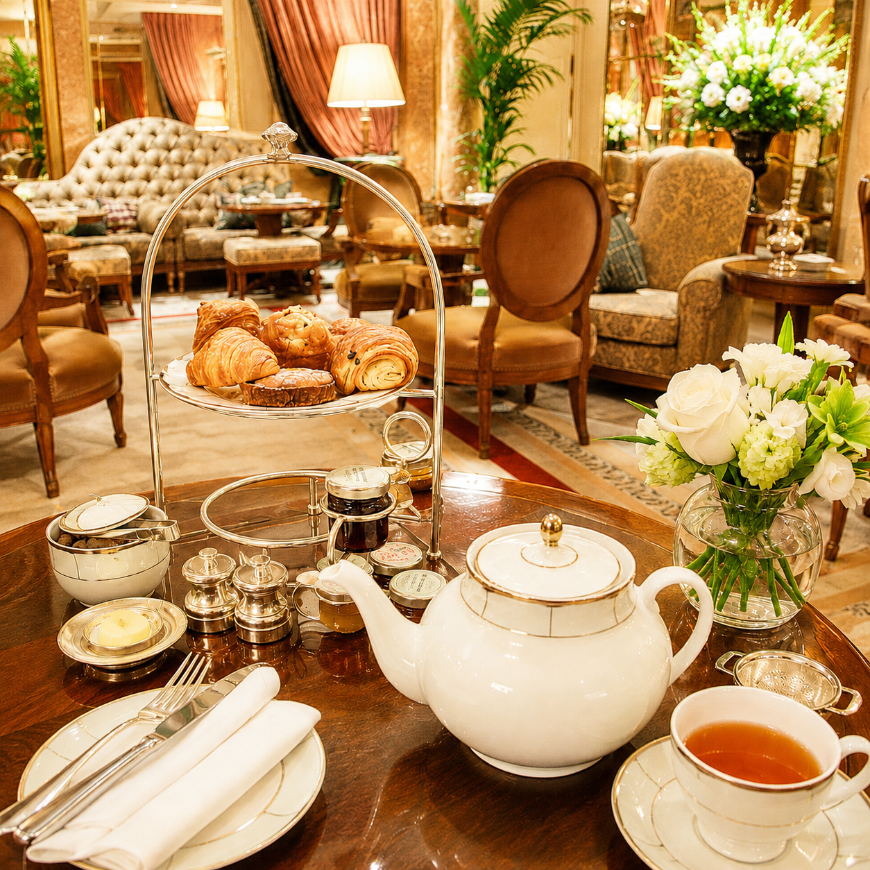 Afternoon tea with pastries and a white teapot in an elegant Dorchester Collection luxury hotel lounge.