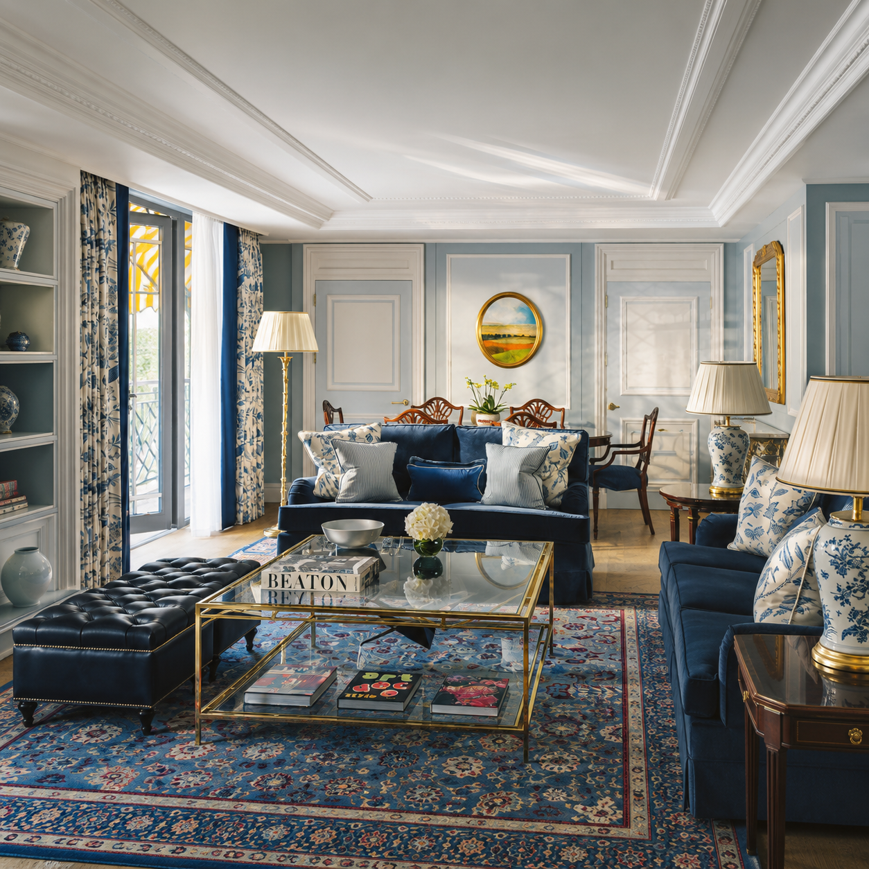 Elegant blue and white luxury hotel suite representing confirmed upgrade benefits when booking Dorchester Collection through Clements Travel.