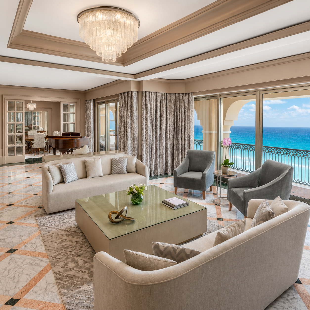 Luxury ocean-view suite with marble floors and sea-facing balcony, featured on the Kempinski Club 1897 benefits page.