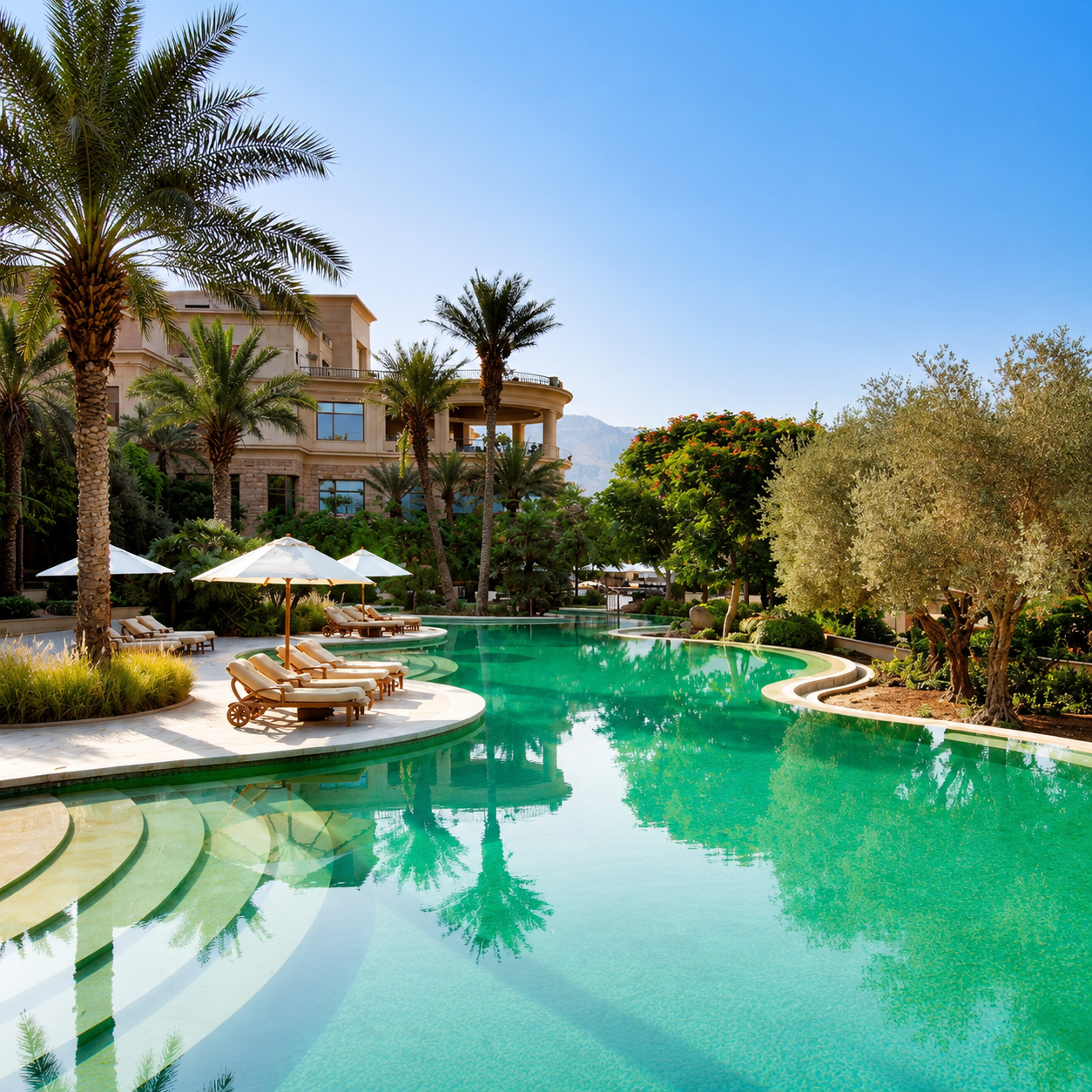 Luxury Kempinski resort pool with palm trees and sun loungers, featured on the Kempinski Club 1897 benefits page.