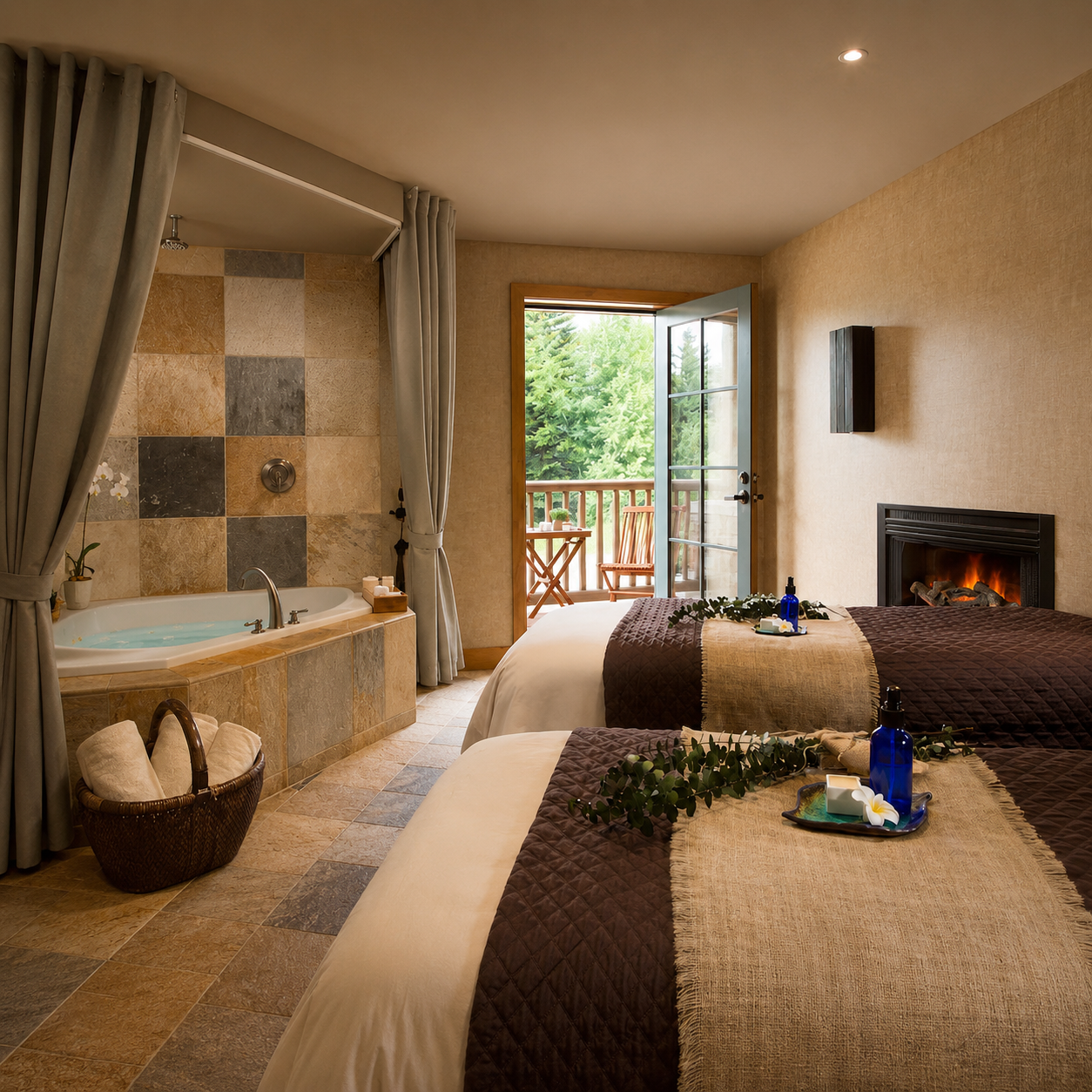 Spa-style guest room with soaking tub and fireplace at a Noble House hotel, booked with Noble House VIP Select benefits through Clements Travel.