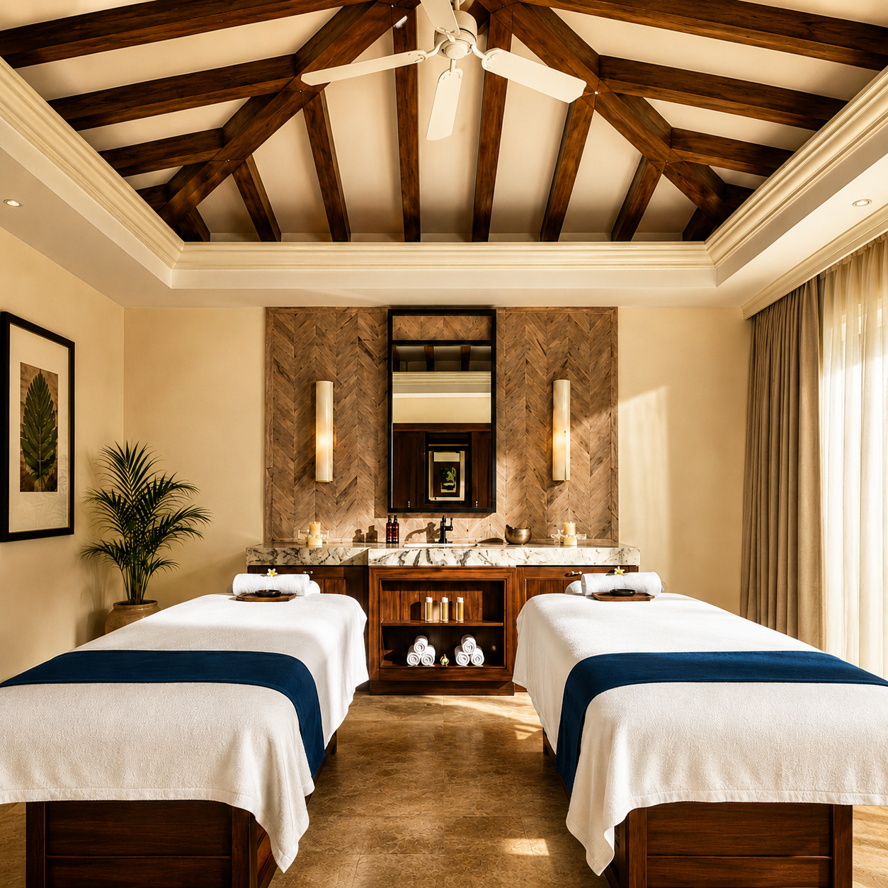 Luxury spa treatment room with twin massage beds, vaulted timber ceiling, warm lighting and resort-style interiors.