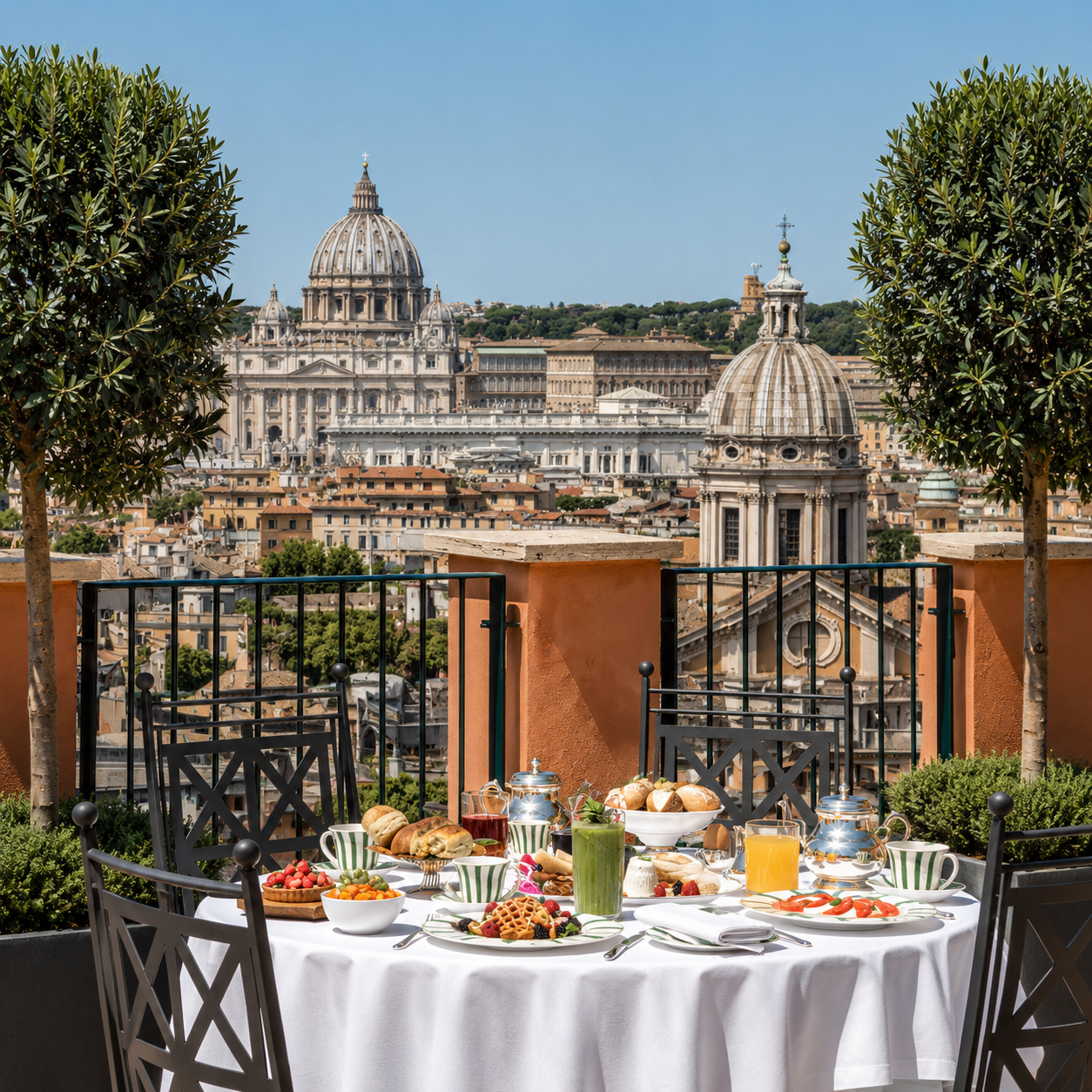 Rocco Forte Knights complimentary breakfast on a Rome terrace overlooking St Peter’s Basilica.