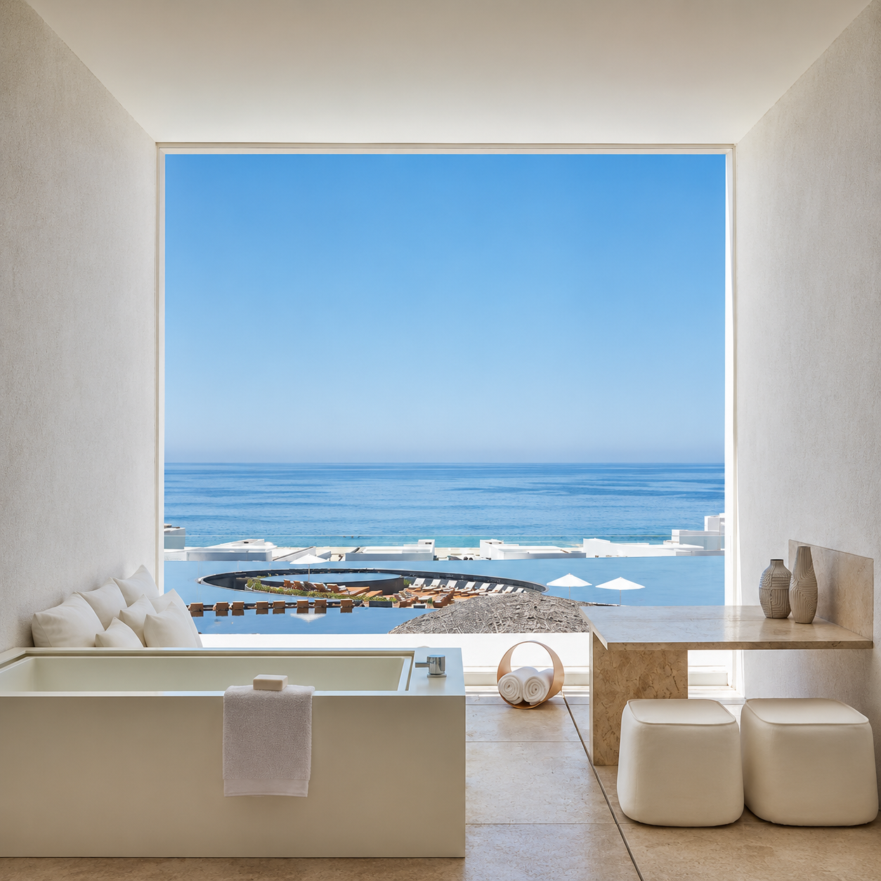Ocean view suite with soaking tub overlooking the pools and Sea of Cortez at Viceroy Los Cabos, available with Viceroy The Guild benefits through Clements Travel.