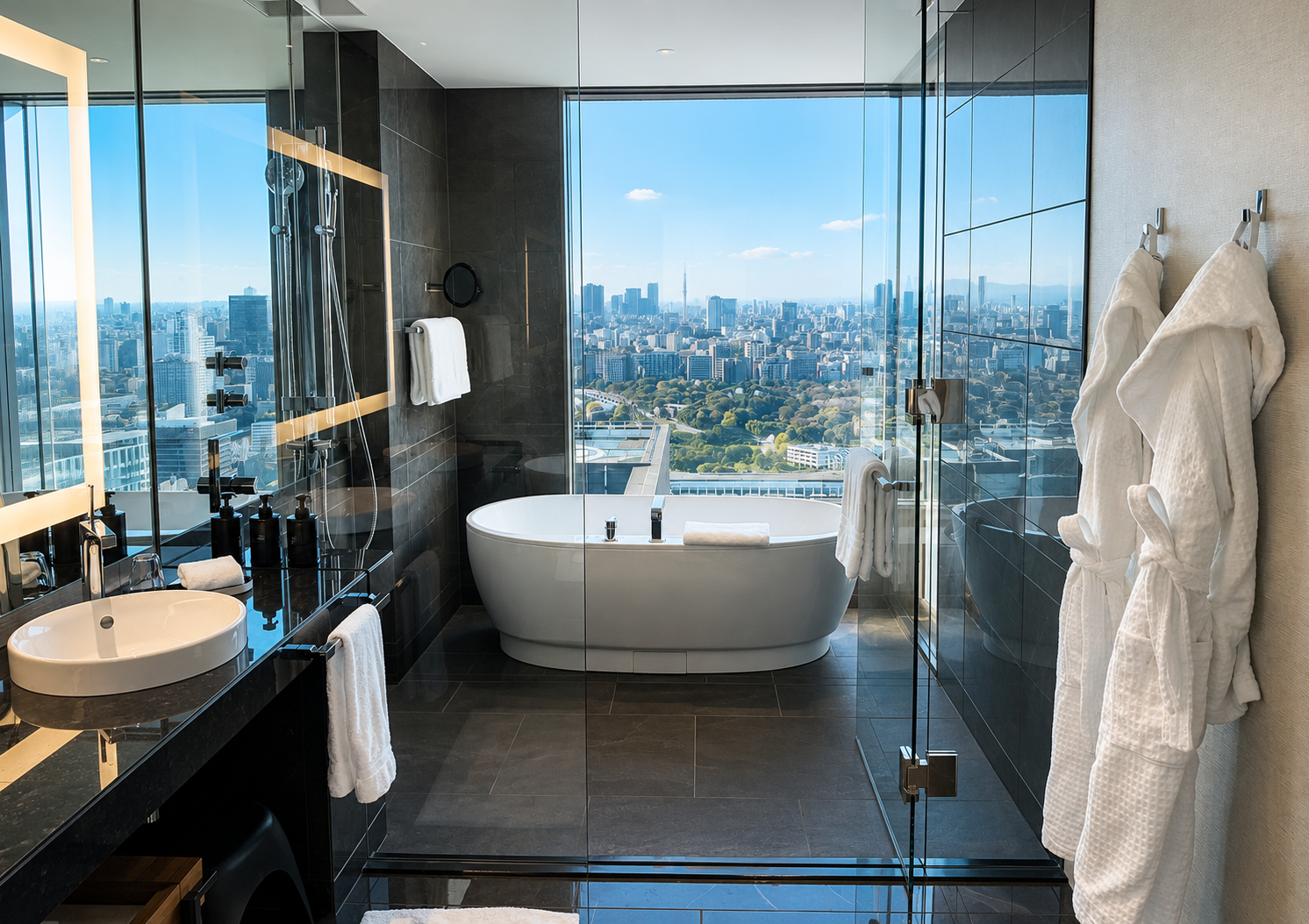 Deluxe Room bathroom with bathtub overlooking Tokyo