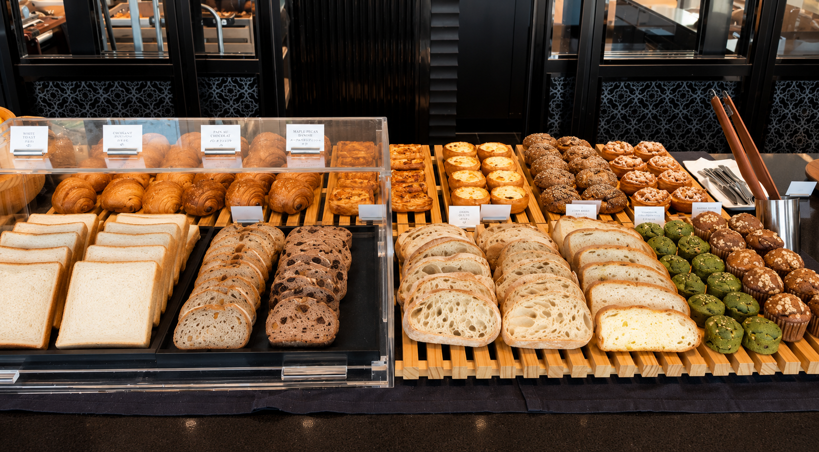 Fresh breads, pastries, muffins and baked goods at the breakfast buffet at Four Seasons Hotel Tokyo at Otemachi.