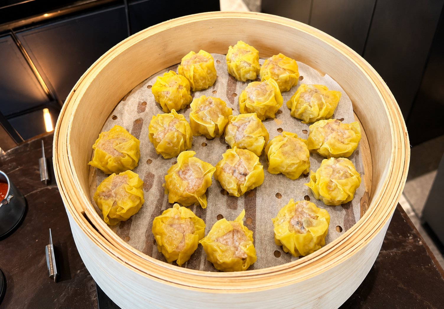 Freshly steamed shumai dumplings served on the breakfast buffet at Four Seasons Hotel Tokyo at Otemachi.