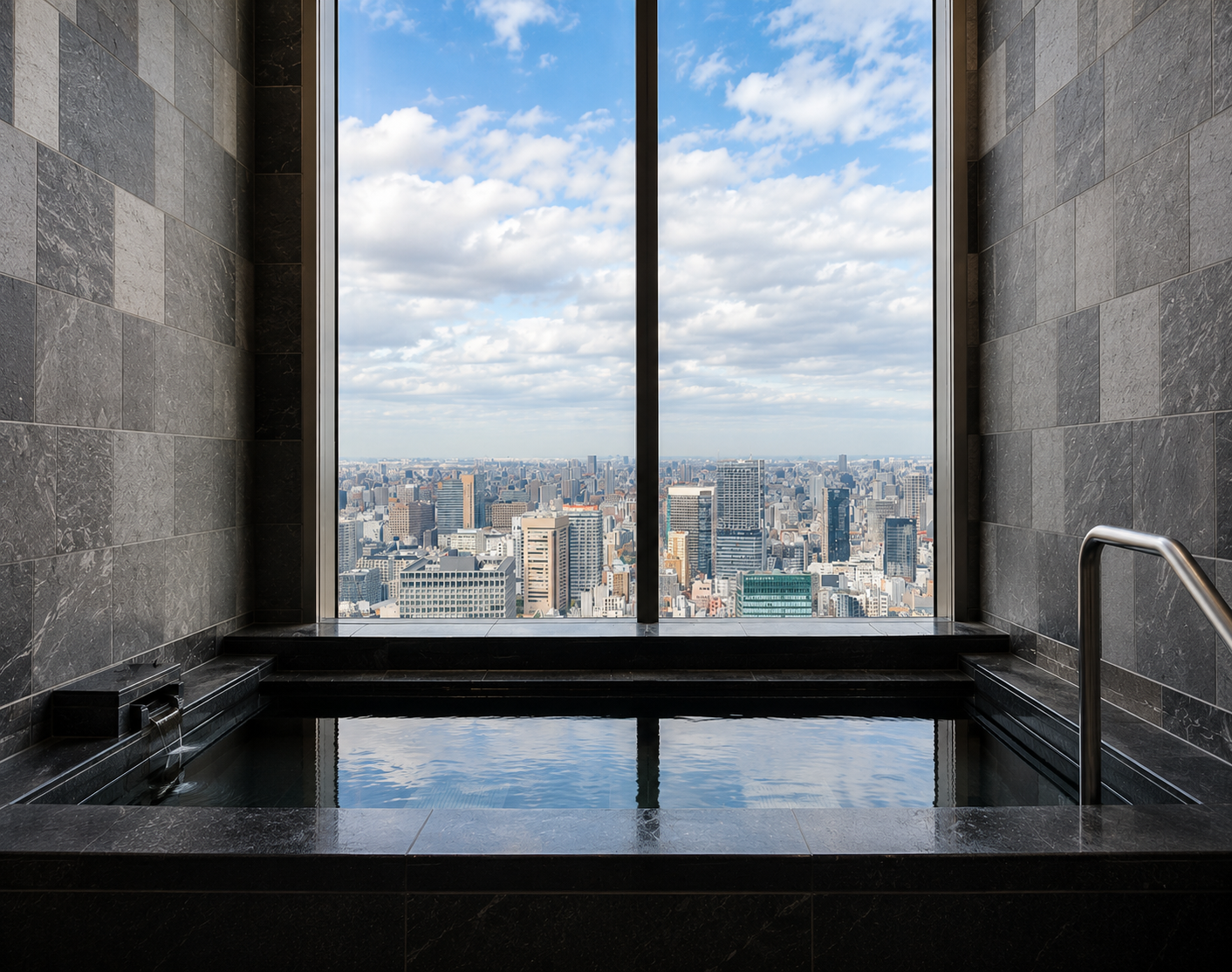 Onsen-style bathing facilities overlooking Tokyo
