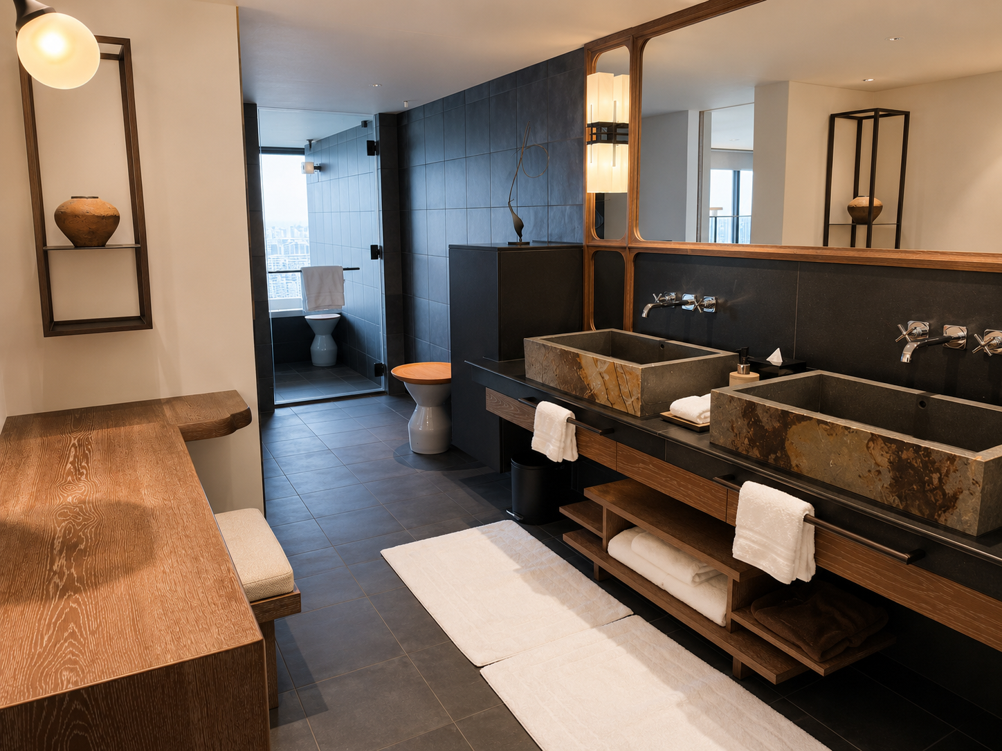 Double stone basin bathroom in the Grand Tatami Suite at Four Seasons Hotel Osaka featuring dark wood finishes, twin vanities and a Japanese-inspired design.