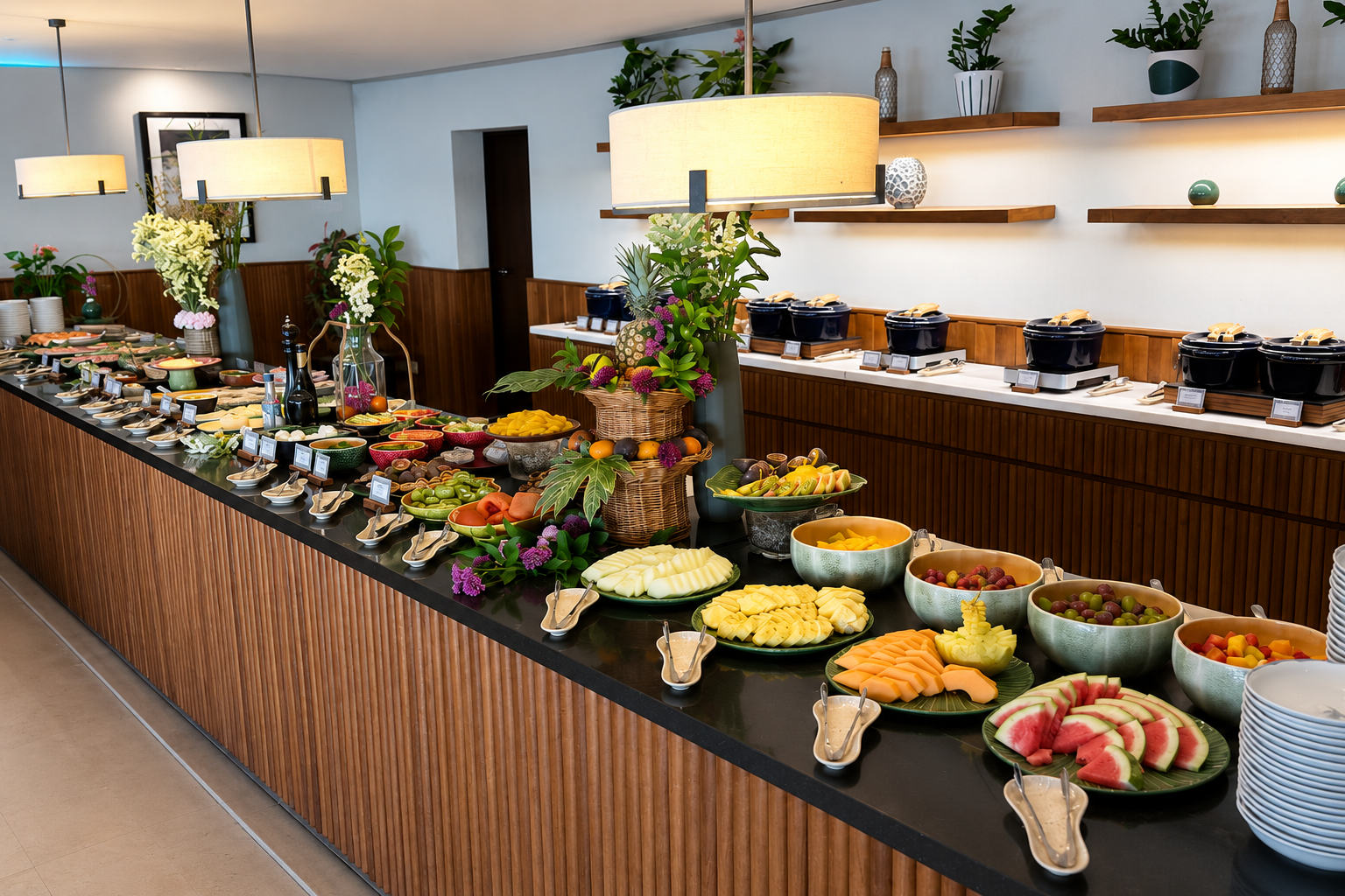Breakfast buffet with fresh fruit and hot dishes at Belmond Reid’s Palace in Madeira.