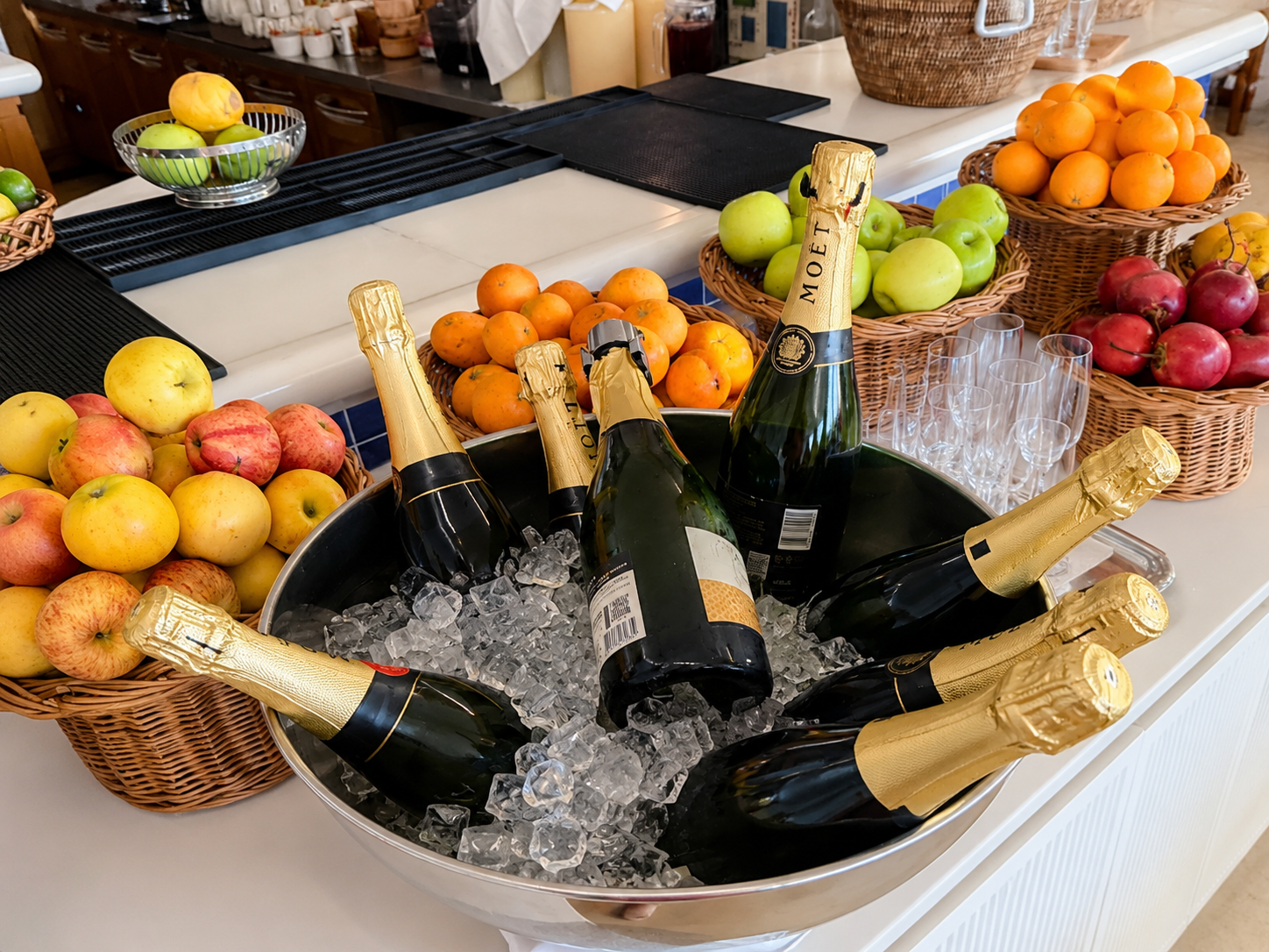 Extensive breakfast buffet at Reid’s Palace in Madeira with fresh fruit and bottles of Moët Champagne on ice.
