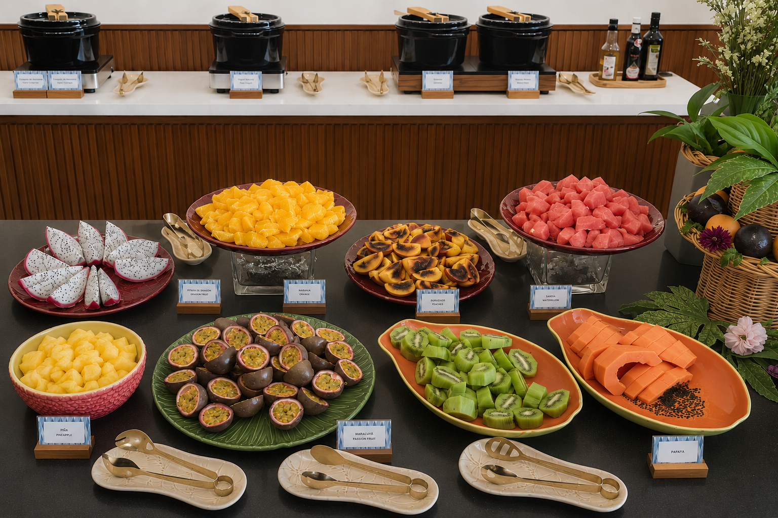 Fresh fruit display at the Reid’s Palace breakfast buffet in Madeira, with papaya, kiwi, passion fruit, watermelon, oranges, and dragon fruit.