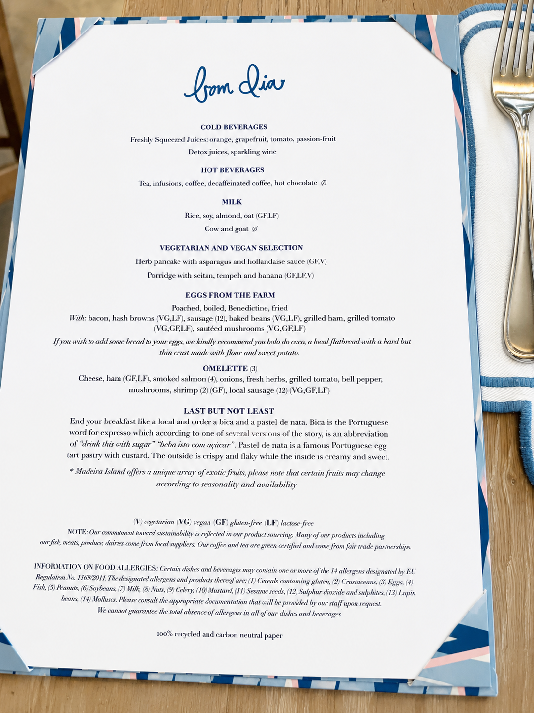 Breakfast menu at Reid’s Palace in Madeira, showing juices, hot drinks, eggs, omelets, vegetarian dishes, and pastel de nata.