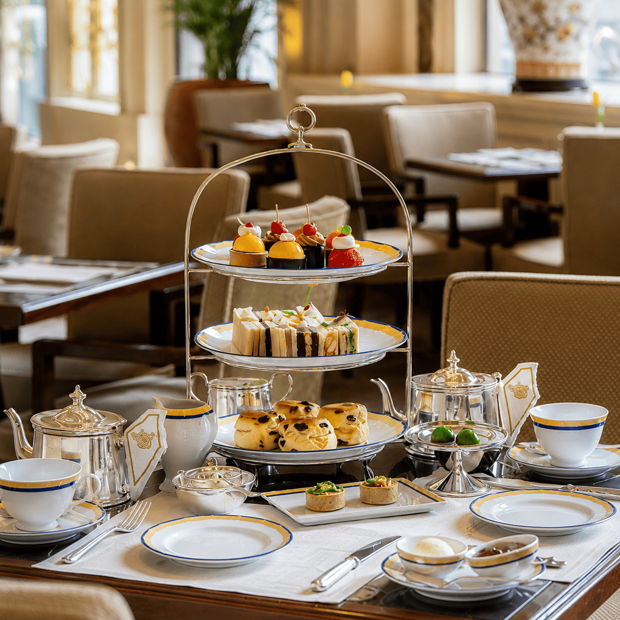 Afternoon tea at The Peninsula Hong Kong with finger sandwiches, pastries, warm scones and silver tea service in The Lobby.