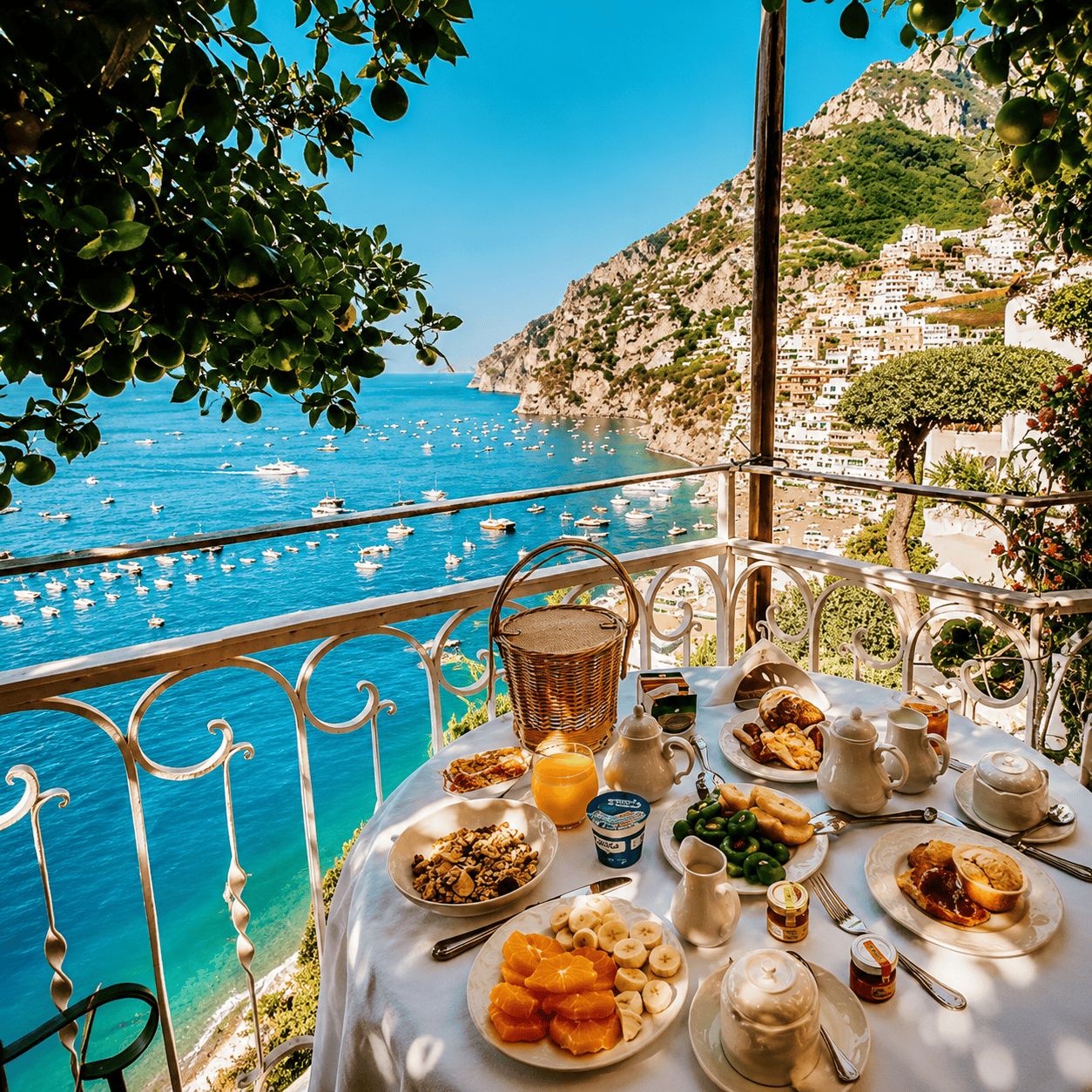 Luxury breakfast with panoramic views over Positano on the Amalfi Coast