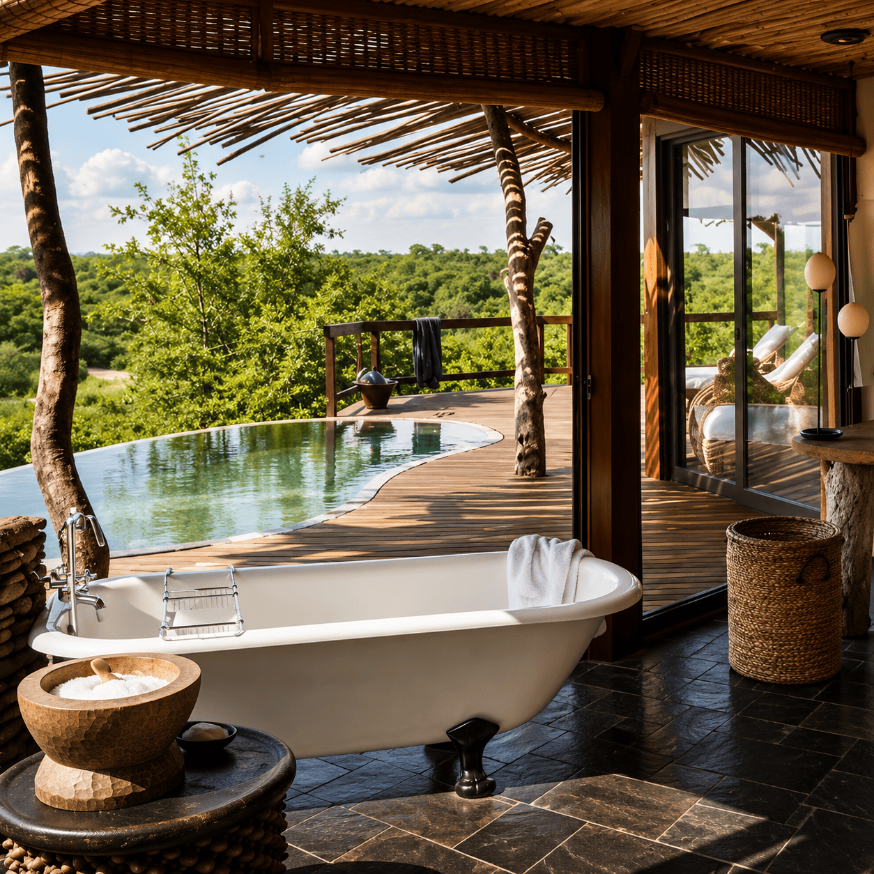 Luxury Singita suite with freestanding bath and private plunge pool overlooking the African bush, available with Virtuoso benefits through Clements Travel.