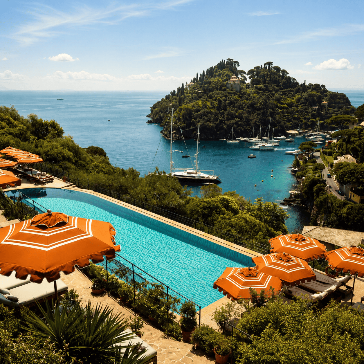 Belmond Hotel Splendido infinity pool overlooking Portofino harbor, yachts, and the Mediterranean coastline in Liguria, Italy.