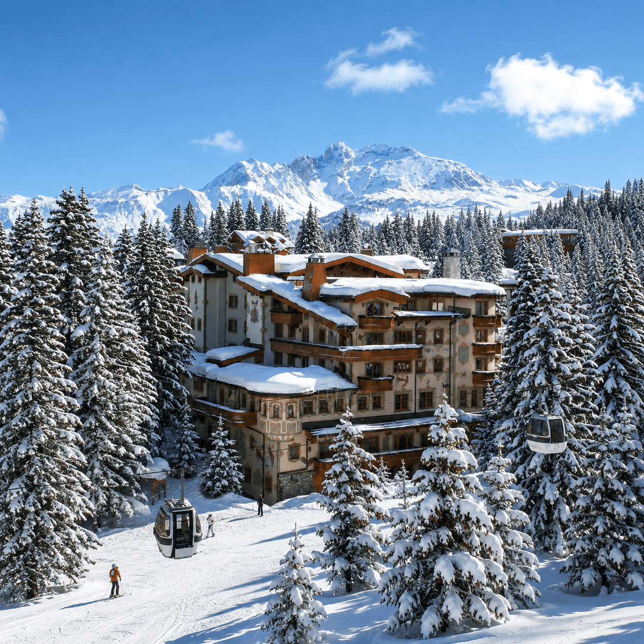 Airelles Les Airelles Courchevel ski hotel surrounded by snow-covered mountains and pine trees