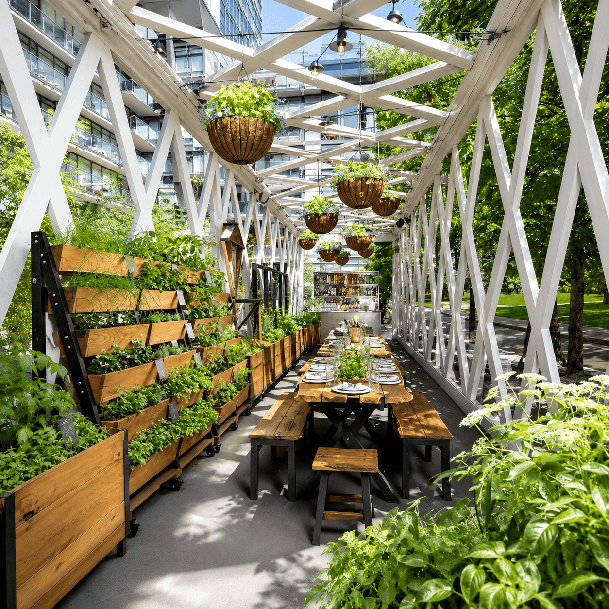 The Farm restaurant at 1 Hotel Toronto featuring a long communal dining table surrounded by living herb gardens, hanging planters, and sustainable design with natural wood and greenery.