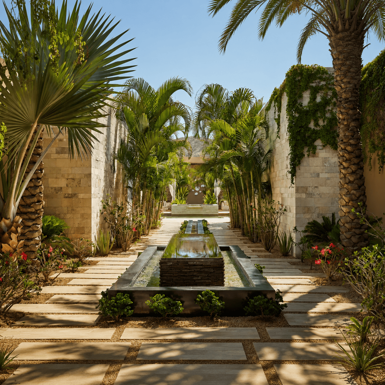 Montage Los Cabos tropical spa courtyard, book with Clements Travel for Virtuoso spa credit and hotel benefits