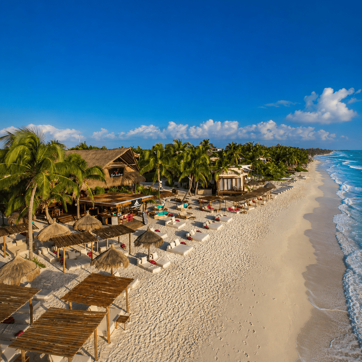 Aerial view of La Zebra, a Small Luxury Hotels of the World property in Tulum, with beachfront cabanas, white sand, palm trees, and the Caribbean Sea.