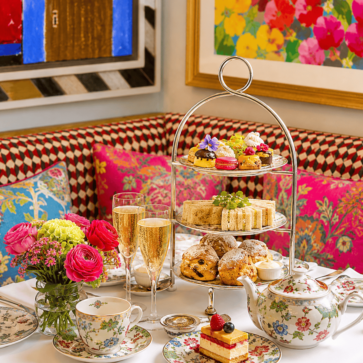 Colorful afternoon tea setting with patterned interiors at a Firmdale Hotels property.