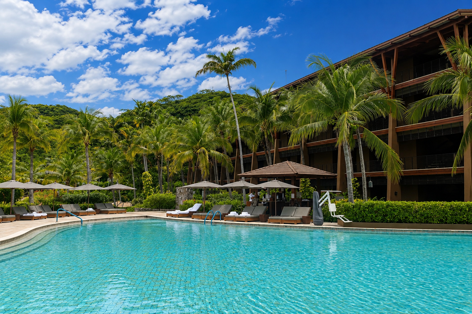 Main swimming pool surrounded by palm trees at Four Seasons Resort Peninsula Papagayo, Costa Rica.