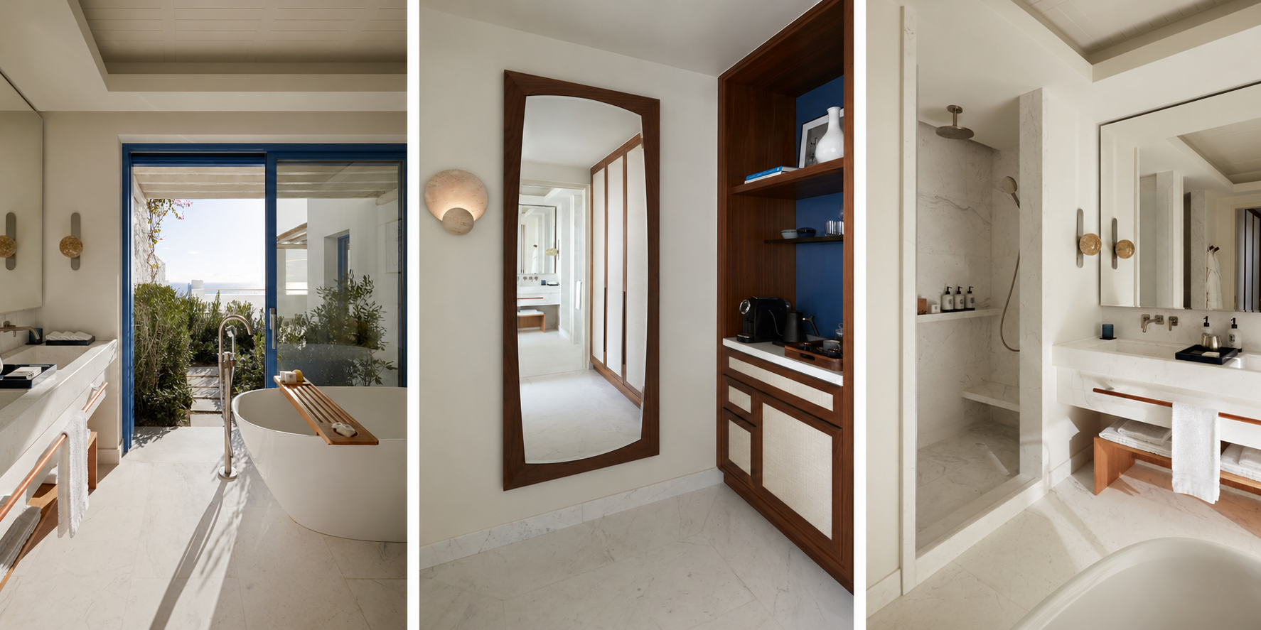 Three views of a guest bathroom at Four Seasons Resort Mykonos, including the freestanding tub, marble shower and dressing area.