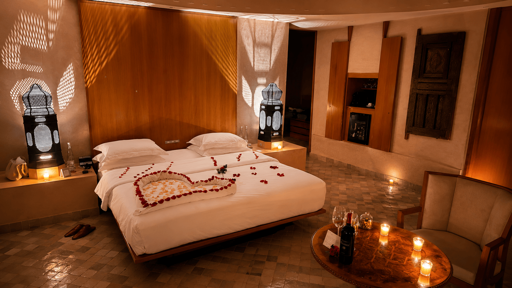 Romantic bedroom setup with rose petals and lantern lighting in an Amanjena Pavilion in Marrakech