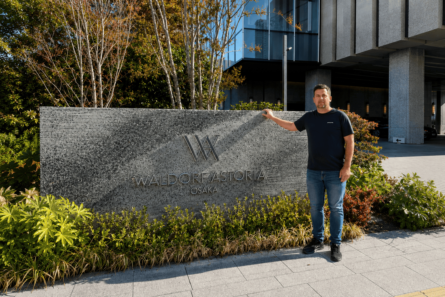 Dylan Clements outside the Waldorf Astoria Osaka during a stay while reviewing Hilton for Luxury benefits.