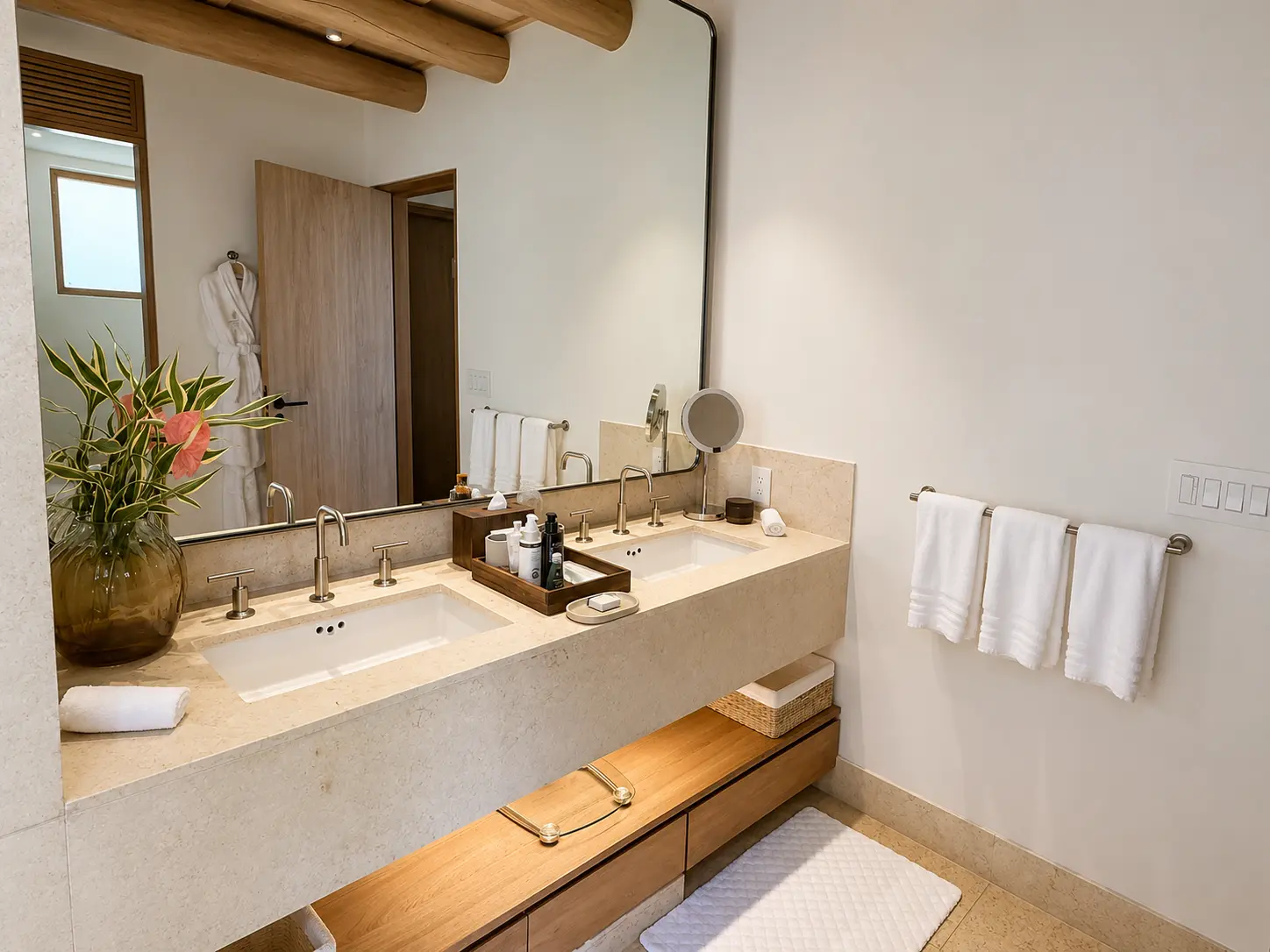 Double vanity bathroom in an Ocean View Casita at The St. Regis Punta Mita with stone counters and a large mirror.