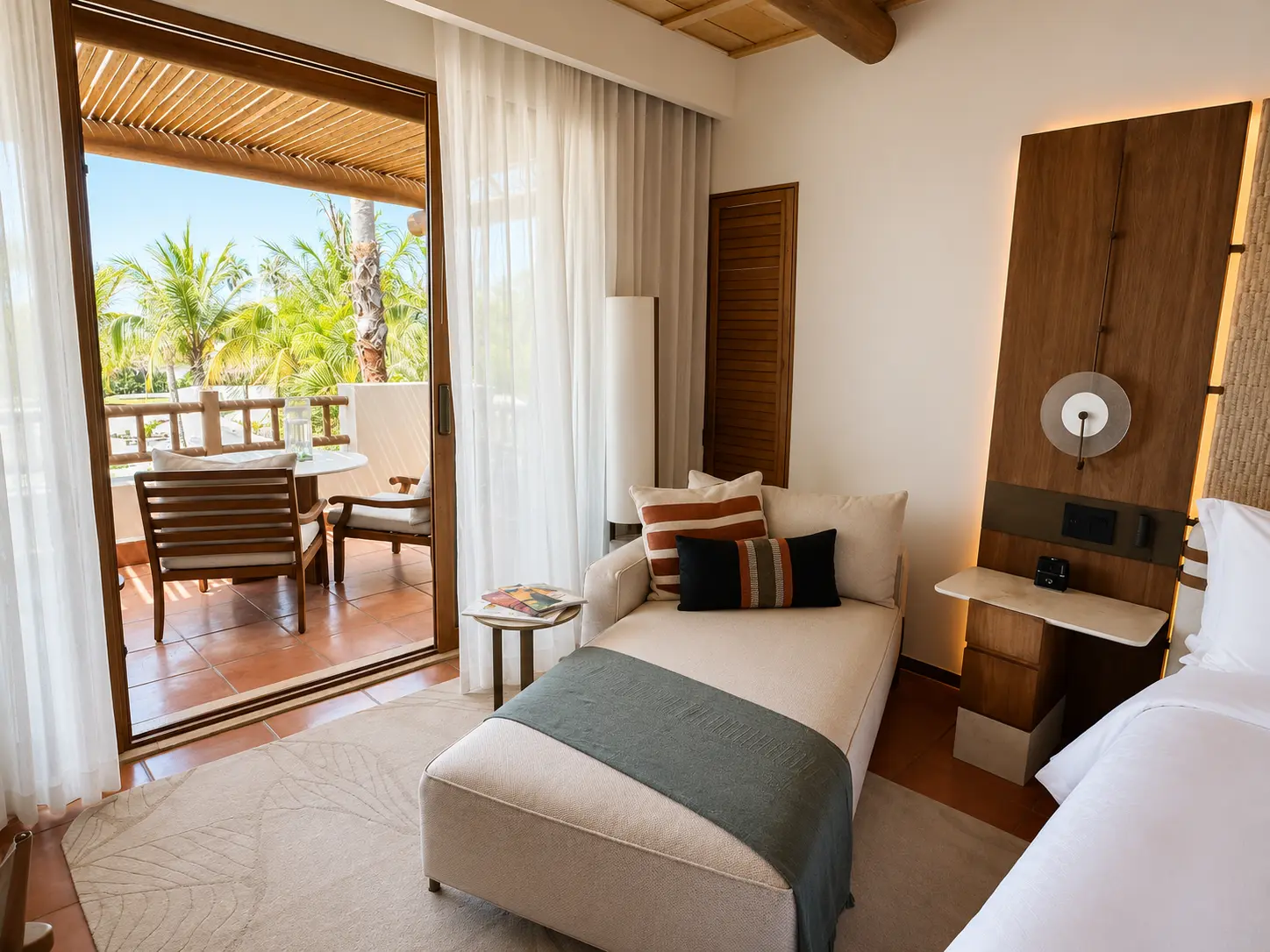 Daybed inside an Ocean View Casita at The St. Regis Punta Mita overlooking the private terrace.