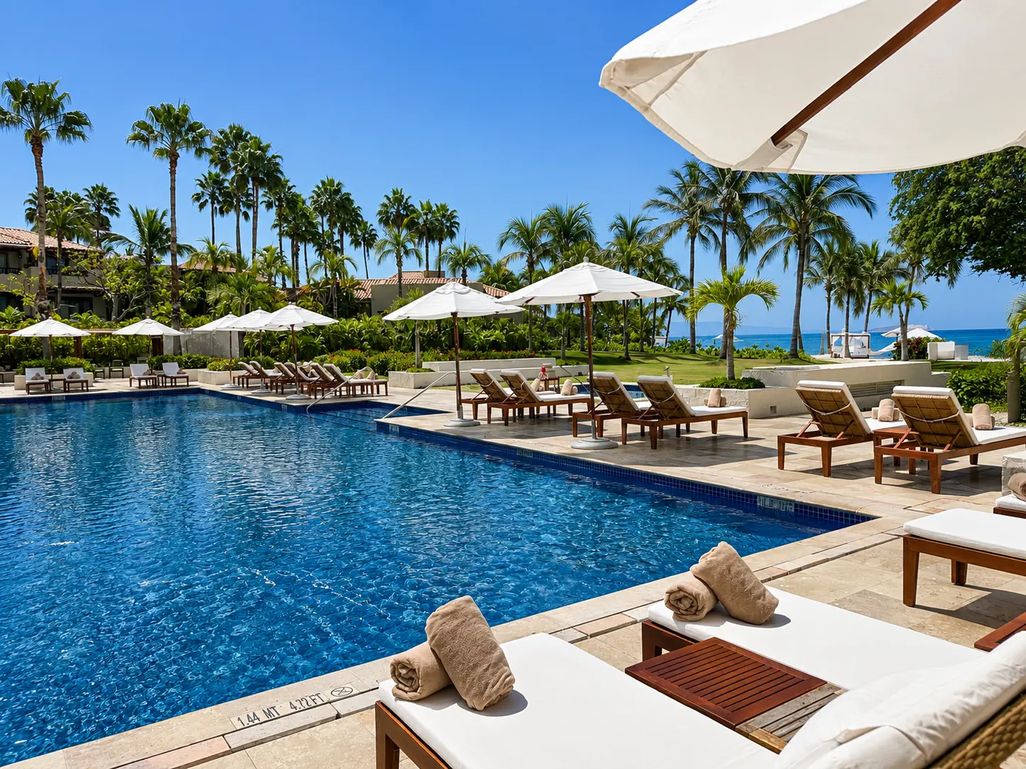 Sea Breeze Pool at The St. Regis Punta Mita with sun loungers, palm trees and views towards the Pacific Ocean.