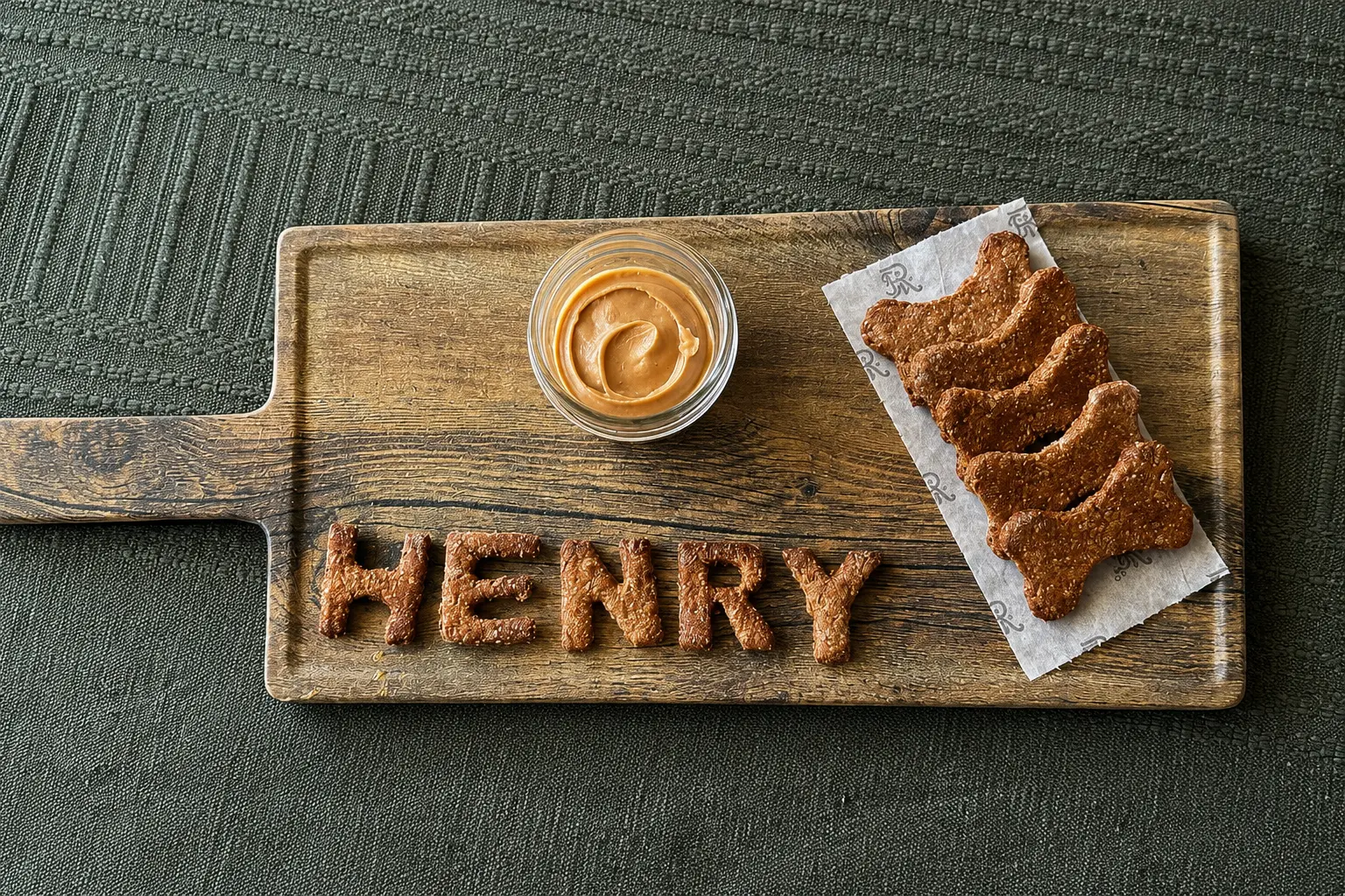 Personalized dog welcome treats and peanut butter served on a wooden board at The St. Regis Punta Mita pet-friendly resort.