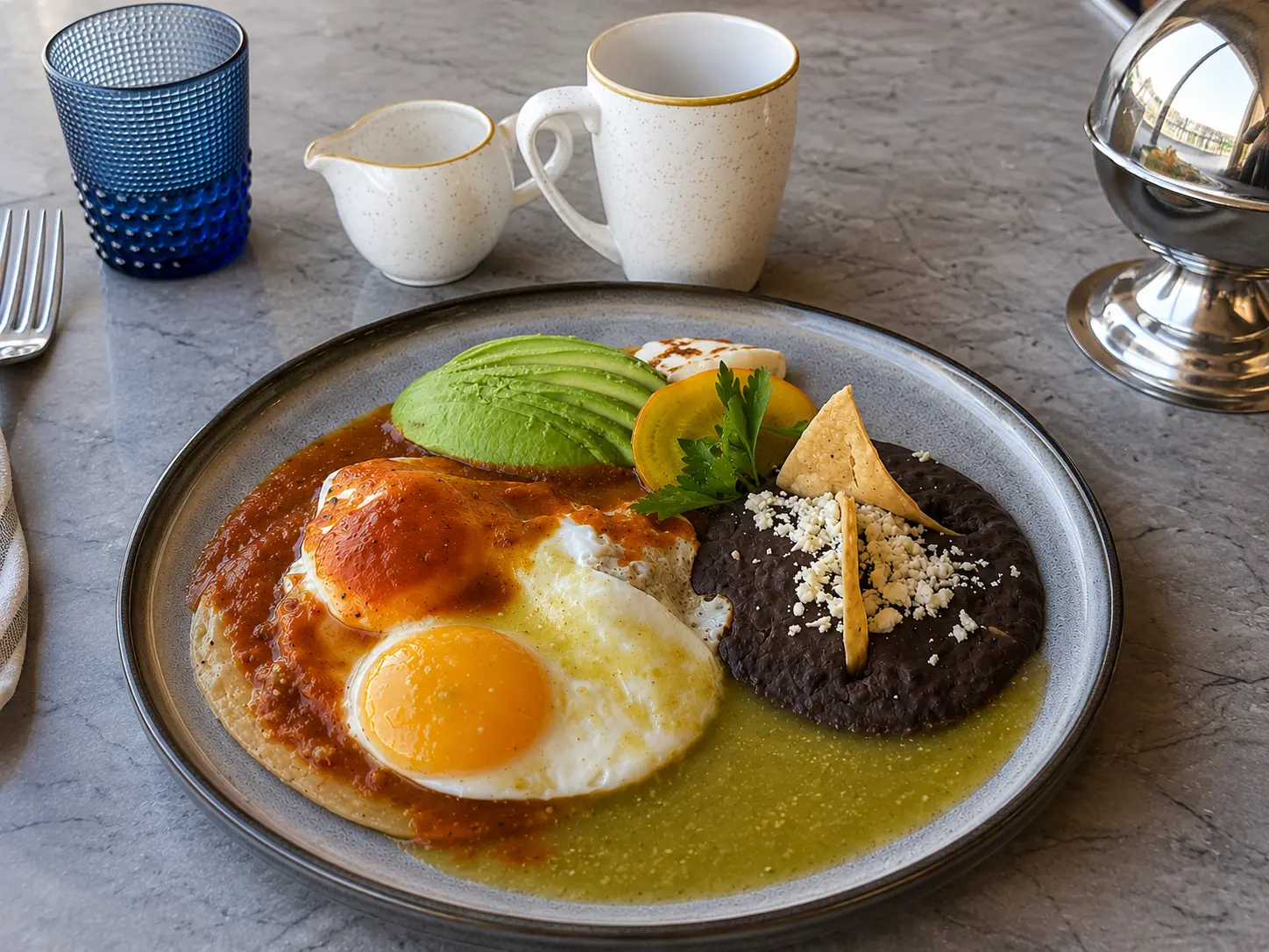Huevos Rancheros served at Altamira restaurant at The St. Regis Punta Mita with fried eggs, avocado, black beans, salsa roja, salsa verde, and queso fresco.
