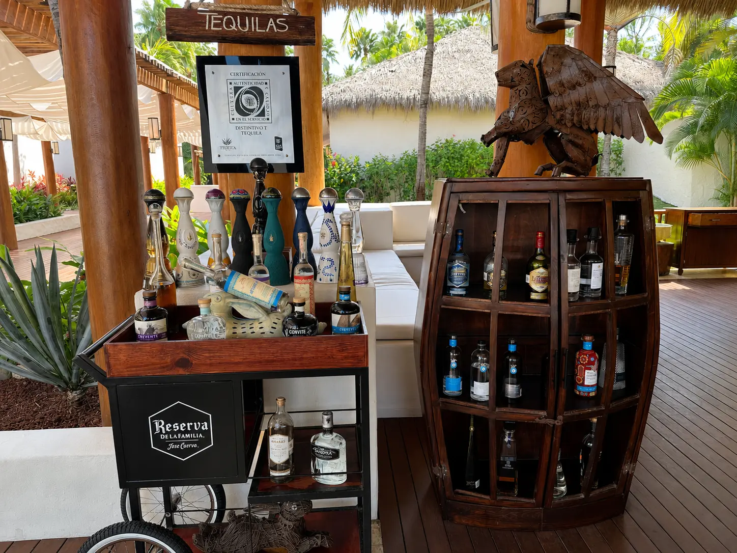 Premium tequila and mezcal display at Sea Breeze Bar at The St. Regis Punta Mita featuring a wide selection of Mexican spirits.
