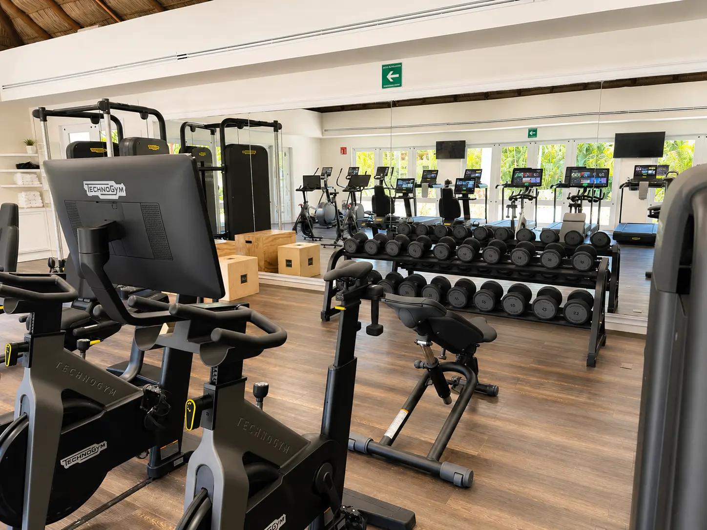 Fitness center at The St. Regis Punta Mita with Technogym cardio equipment, free weights, strength machines and mirrored walls.