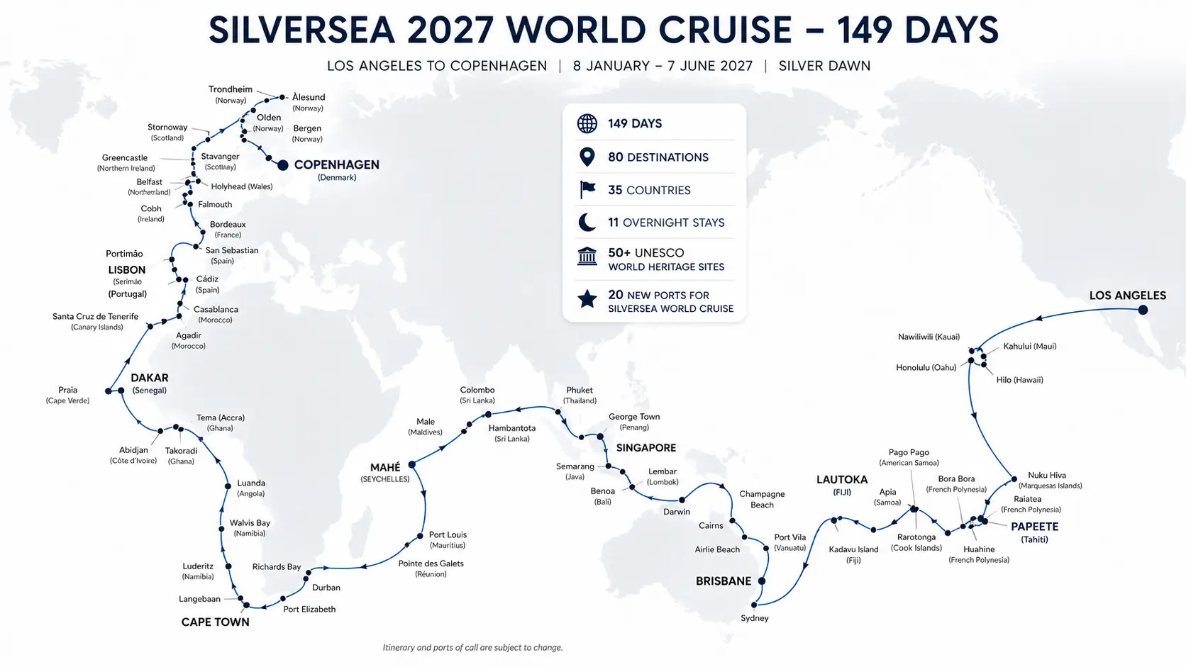 Map of the Silversea 2027 World Cruise itinerary showing the 149-day voyage from Los Angeles to Copenhagen across 80 destinations in 35 countries.