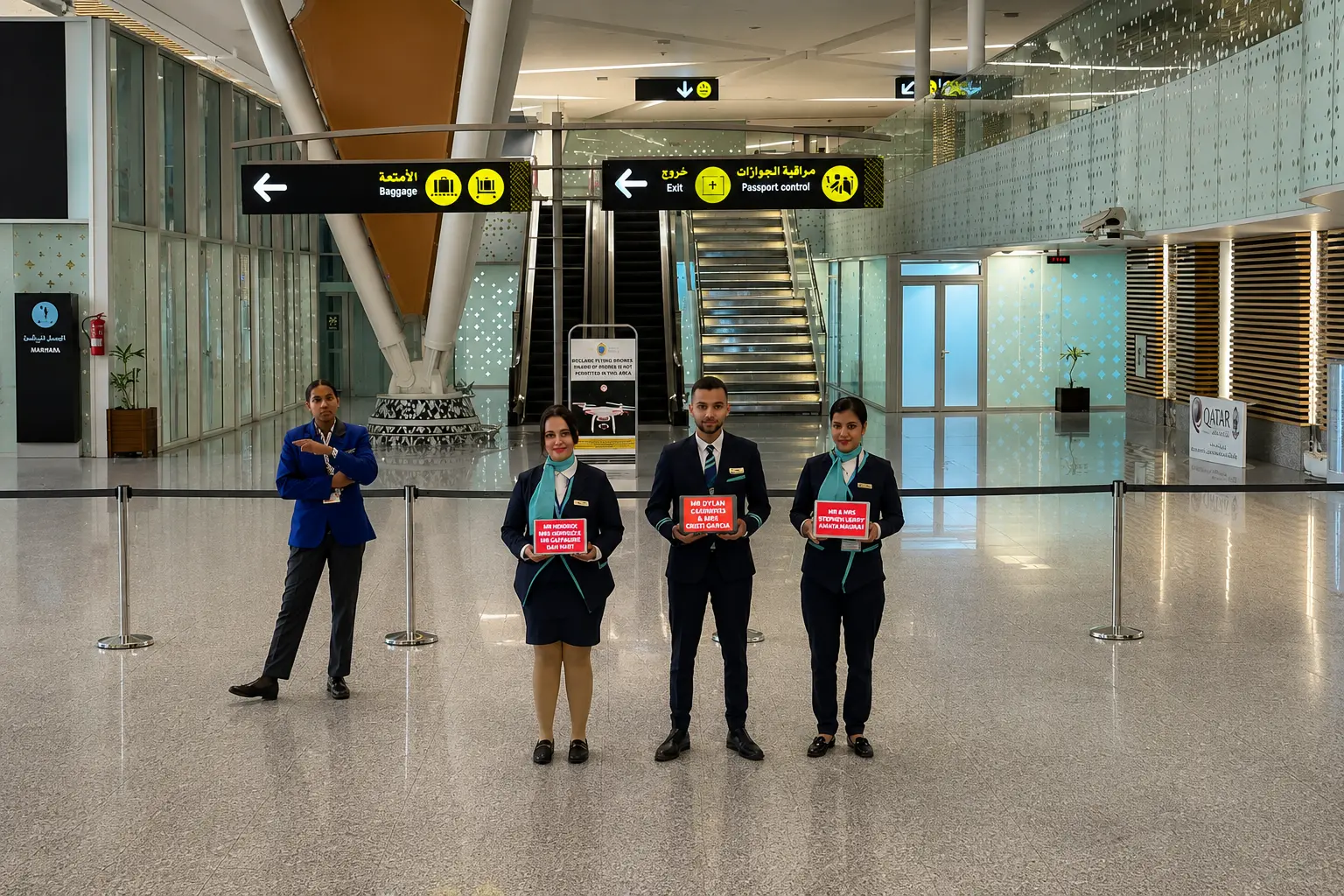 Airport greeters waiting for arriving passengers at Marrakech Menara Airport, RAK.